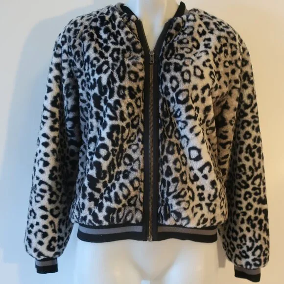 NWT Womens Lavender Brown Gray Black Animal Print Faux Fur Bomber Jacket M * - Picture 1 of 11